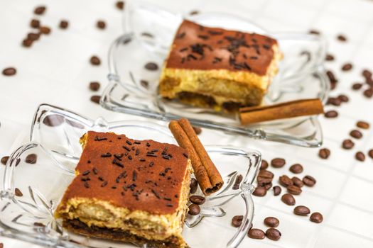 Tiramisu Cake with coffee beans and cinnamon