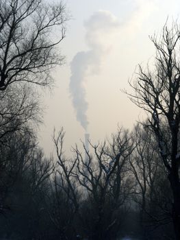 The smoke from the chimney polluting the environment