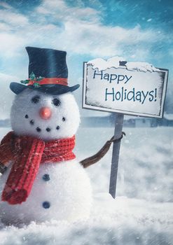 Snowman holding wooden sign with holiday greetings