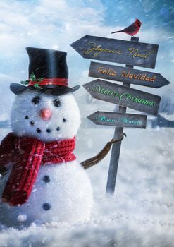 Snowman holding wooden sign with seasons greetings