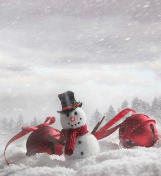 Snowman with bells in snowy winter background