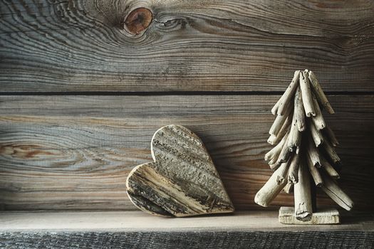 Christmas decorations on wooden shelf