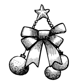 Freehand illustration of grunge Christmas balls, bow, and star on white background, doodle hand drawn