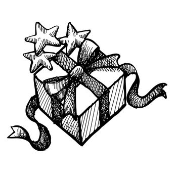 Freehand illustration of grunge Christmas gift box and star on white background, doodle hand drawn