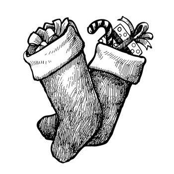 Freehand illustration of grunge Christmas socks and gift box on white background, doodle hand drawn