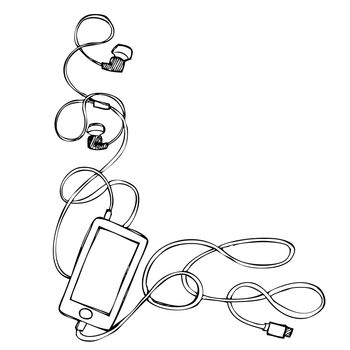 Freehand illustration ornament of grunge smart phone with earphones, usb cable and plug on white background, doodle hand drawn