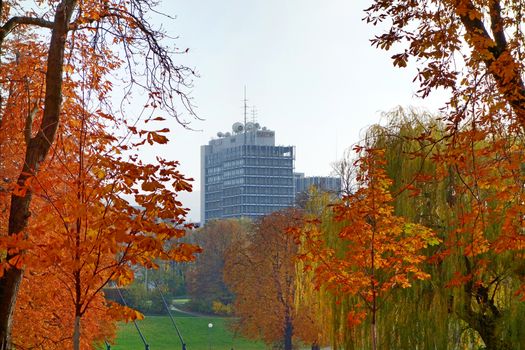 Stuttgart, Germany - November 1, 2013: Suedwestrundfunk SWR Funkhaus (TV and Radio broadcast studio) Stuttgart - view from Unterer Schlossgarten (Lower Castle Garden), autumn landscape.