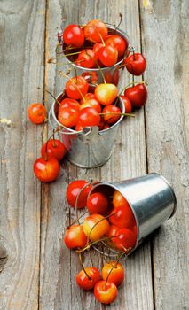 Sweet Maraschino Cherries in Three Tin Buckets on Rustic Wooden background