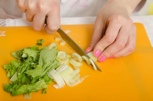 Young beautiful girl in a bathrobe prepares vegetarian salad from vegetables and greens isolated on white background