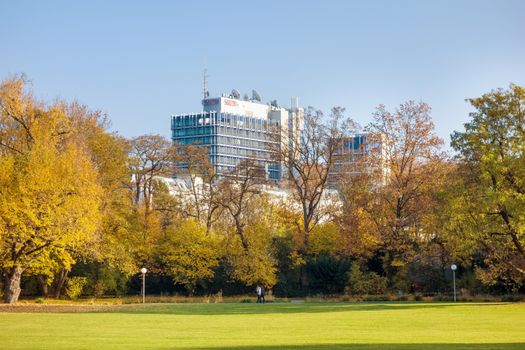 Stuttgart, Germany - November 1, 2013: Suedwestrundfunk SWR Funkhaus (TV and Radio broadcast studio) Stuttgart - view from Unterer Schlossgarten (Lower Castle Garden), autumn landscape.