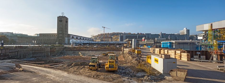 Stuttgart, Germany - November 1, 2013: Construction site Stuttgart 21 panorama photo. S21 is the most controversial railway project ever.