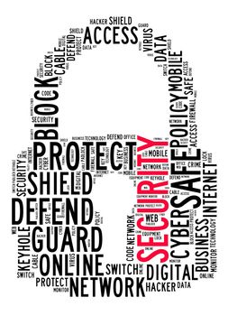 Security word cloud illustration concept over padlock shape