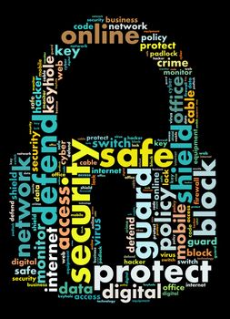 Security word cloud illustration concept over padlock shape