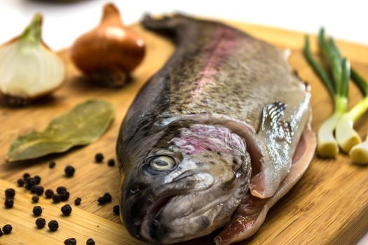 Fresh Salmon trout with bay leaf, black pepper and onion isolated