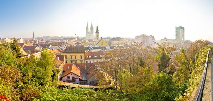 Old Zagreb panorama in morning fog, capital of Croatia