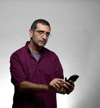 facial expression adult man in purple shirt