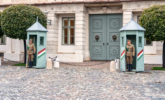 BUDAPEST, HUNGARY - October 12, 2015 : Ceremonial guard at the Presidential Palace. They guard the entrance of the Presidents office in the Sandor Palace, Budapest