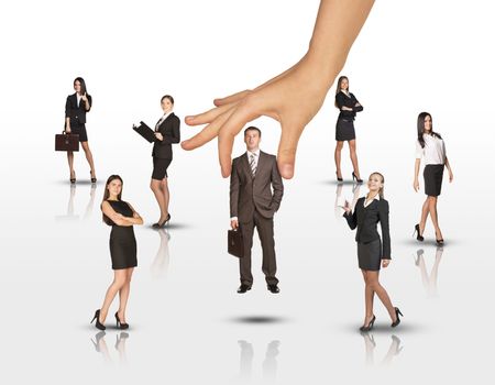 Set of business people with huge hand on isolated white background