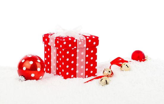 christmas red gift with branch firtree, isolated over white