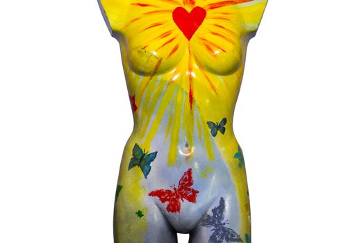 front of an multi colored artistic painted female mannequin torso with clipping path