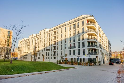 Stuttgart, Germany - November 1, 2013: Apartment house building at square Pariser Platz. Part of the new city project Stuttgart 21.