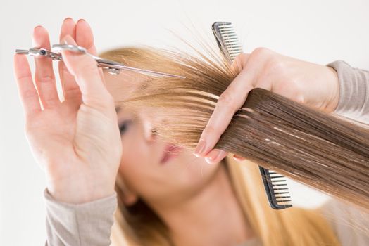 Hairdresser cut hair of a woman. Close-up.