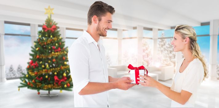 Young couple with gift against home with christmas tree