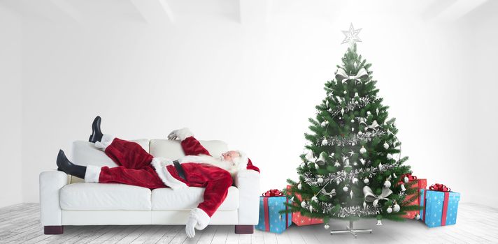 Santa Claus taking a nap against home with christmas tree