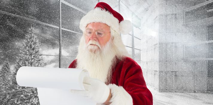 Santa claus checking his list against window overlooking snowy forest