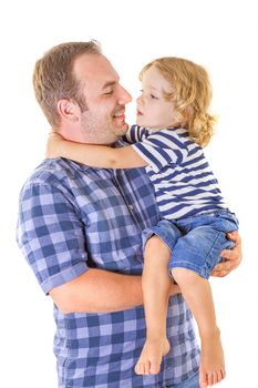 Portrait of young attractive smiling father playing with his little cute son on white background.