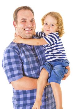 Portrait of young attractive smiling father playing with his little cute son on white background.