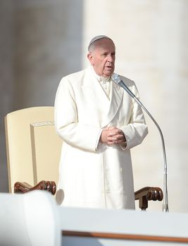 ITALY, Vatican City: Pope Francis holds his weekly general audience in Vatican City on November 11, 2015. During his address, the pope spoke on the importance of family and togetherness, telling devotees that a family who turns its attention to TVs and smartphones at dinner is hardly a family.