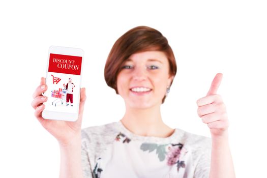 Happy woman gesturing thumbs up while showing smart phone against sale advertisement