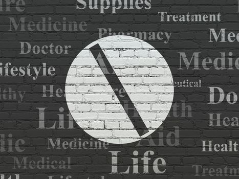 Healthcare concept: Painted white Pill icon on Black Brick wall background with  Tag Cloud
