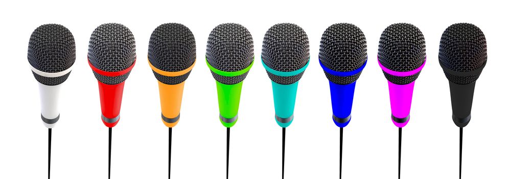Several microphones aligned and colored. Microphones stand up.