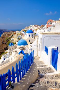 Scenic view of colorful romantic cycladic village on Santorini, Greece