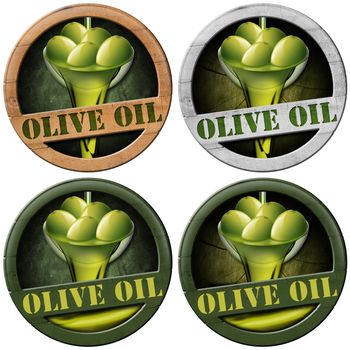 Collections of wooden icons or symbols with green olives and oil, text Olive oil. Isolated on white background