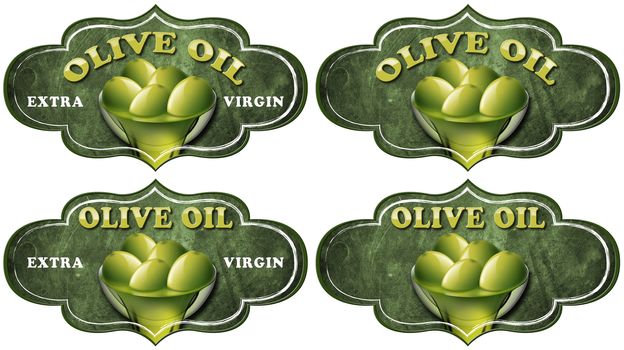 Collection of four labels with green olives and oil, text Olive oil and Extra virgin. Isolated on white background