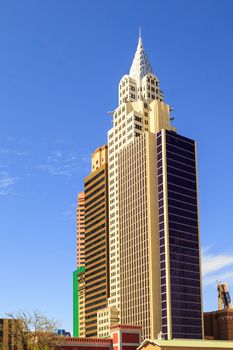 Las Vegas Nevada USA - JUN 9 2015: New York-New York Casino and Hotel architecture facade features many of the New York City icons in Las Vegas, About 40 million people visiting the city each year.