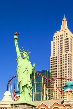 Las Vegas Nevada USA - JUN 9 2015: New York-New York Casino and Hotel architecture facade features many of the New York City icons in Las Vegas, About 40 million people visiting the city each year.
