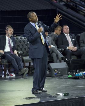 US, Virginia: Republican presidential candidate Dr Ben Carson addressed a packed room at the Liberty University in Virginia, on November 11, 2015. The retired neurosurgeon talked about his upbringing and his experience as a doctor in front of a crowd of nearly 12,000 people. 