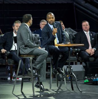 US, Virginia: Republican presidential candidate Dr Ben Carson addressed a packed room at the Liberty University in Virginia, on November 11, 2015. The retired neurosurgeon talked about his upbringing and his experience as a doctor in front of a crowd of nearly 12,000 people.  David Nasser interviews Ben Carson