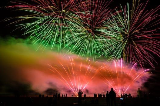 Colorful fireworks of various colors over night sky with spectators