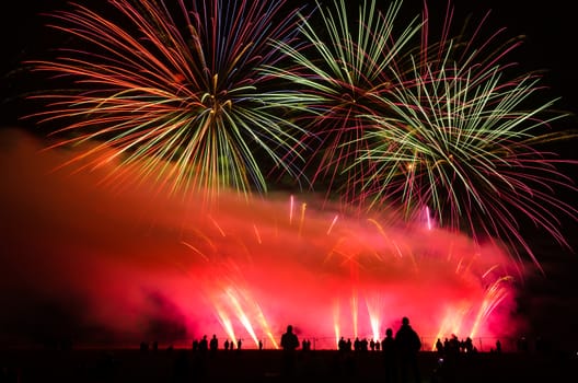 Colorful fireworks of various colors over night sky with spectators