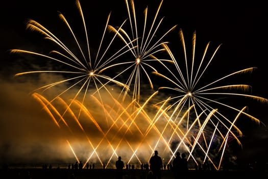 Colorful fireworks of various colors over night sky with spectators