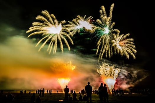Colorful fireworks of various colors over night sky with spectators