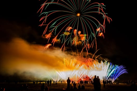 Colorful fireworks of various colors over night sky with spectators