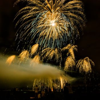 Colorful fireworks of various colors over night sky with spectators