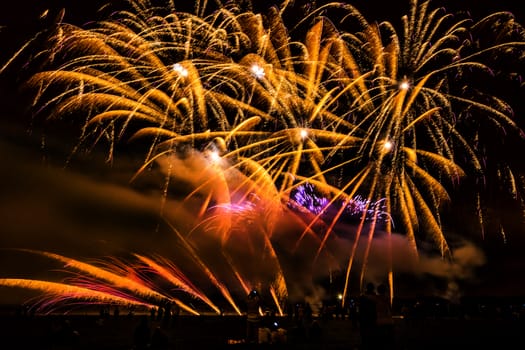 Colorful fireworks of various colors over night sky with spectators