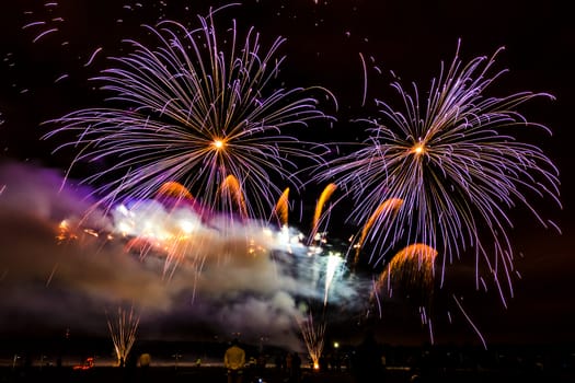 Colorful fireworks of various colors over night sky with spectators